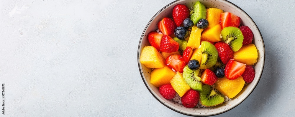 A bowl of fresh fruit salad with a side of gluten-free coconut flakes, light snack, fiber, gluten-free, tropical and refreshing. A bowl of fresh fruit salad with a side of gluten-free coconut flakes, light snack, fiber, gluten-free, tropical and refreshing.