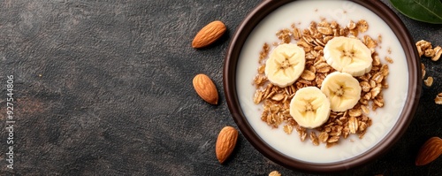 A bowl of gluten-free cereal topped with banana slices and almond milk, healthy breakfast, fiber, gluten-free, quick and easy.
