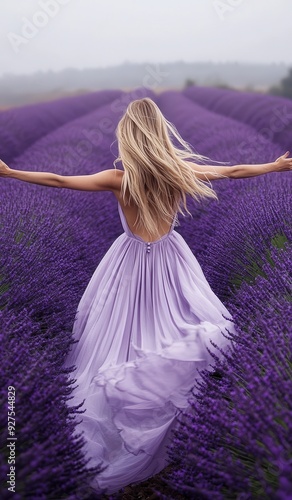 Woman in flowing lilac coloured dress joyfully runs through a vibrant lavender field with arms outstretched, embracing nature.

