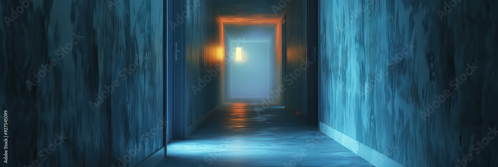 Echoes of Silence: An empty corridor with a single dim light flickering at the end.