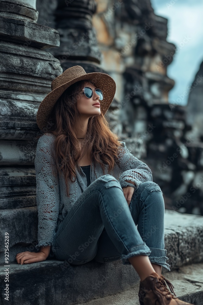 A restful figure in a large hat sits by old stone ruins, dressed casually in modern-style clothing with jeans. A restful figure in a large hat sits by old stone ruins, dressed casually in modern-style clothing with jeans.