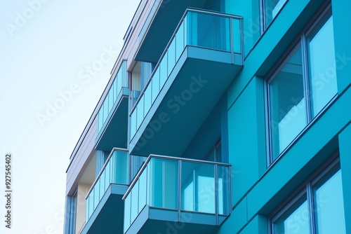 A contemporary apartment building featuring multiple balconies with blue-tinted glass  viewed from a low angle.