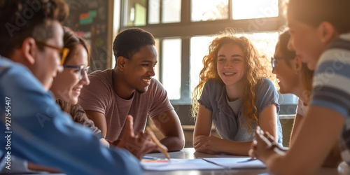 Happy students engaged in a lively discussion, sitting around a table in a brightly lit room.