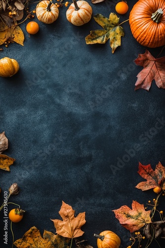 A warm-themed image displaying pumpkins and autumn leaves on a dark textured background, evoking fall season atmosphere. photo