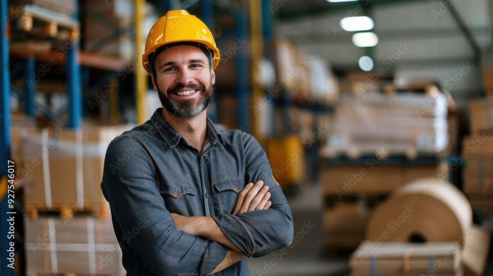A confident worker in a hard hat stands with arms crossed in a warehouse, symbolizing pride and leadership in his role.