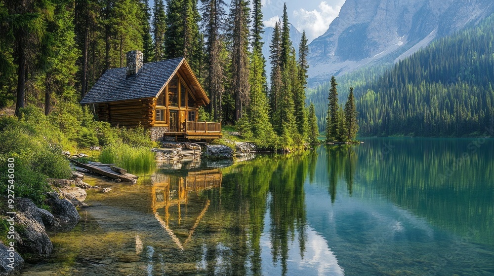 Fototapeta premium Serene Mountain Retreat: Escape to Tranquility in the Highlands