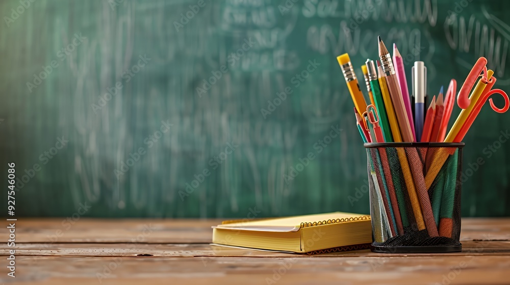 A yellow notebook rests on a wooden desk in front of a green chalkboard with various colored pencils and pens in a wire holder. A yellow notebook rests on a wooden desk in front of a green chalkboard with various colored pencils and pens in a wire holder.