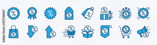 Set of discount icon vector. Containing up and down percentage, label, price tag, coupon, special promo, promotion, fast offer, sale product, sell, sticker, badge, shopping tag, cart, pricing