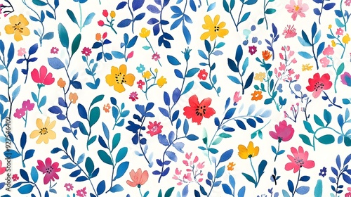 Vibrant Floral Pattern with Colorful Blooming Flowers and Leaves