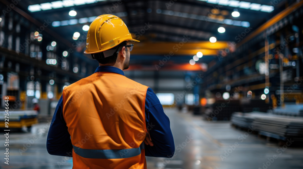 A warehouse supervisor in a hard hat and safety vest oversees the production area, ensuring operations run smoothly and efficiently. A warehouse supervisor in a hard hat and safety vest oversees the production area, ensuring operations run smoothly and efficiently.