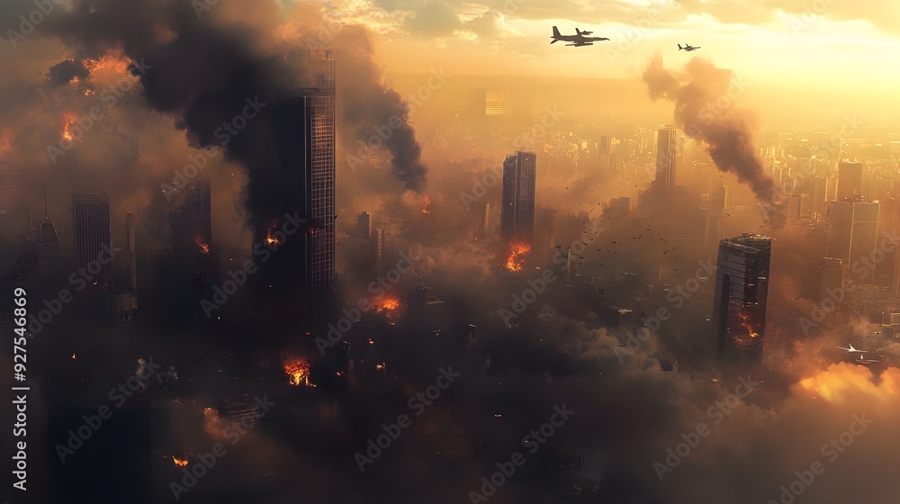 Fototapeta premium Apocalyptic Cityscape Shrouded in Thick Smoke and Drones Amid Missiles