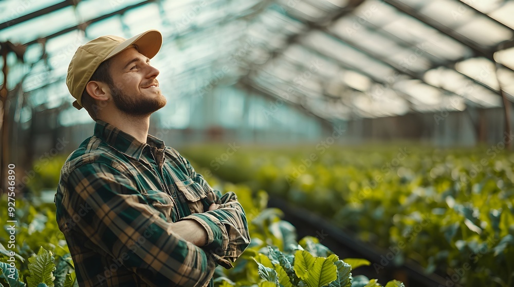 Confident Young Farmer Smiling in a Greenhouse With Healthy Plants Confident Young Farmer Smiling in a Greenhouse With Healthy Plants
