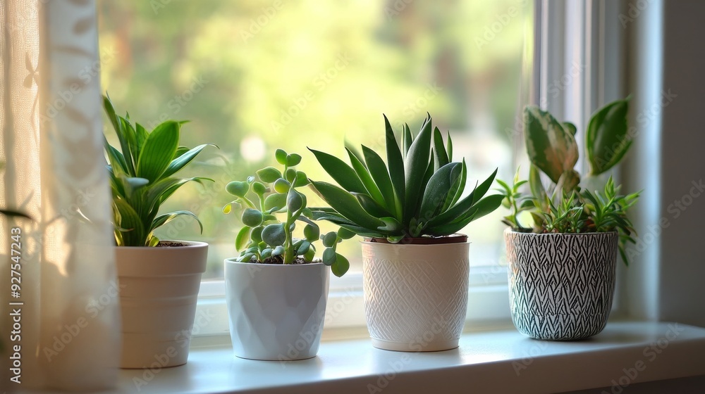 Green plants on windowsill in room. Green plants on windowsill in room.
