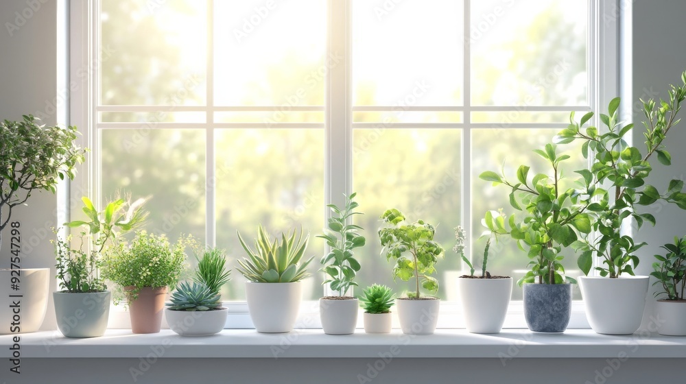 Plants on windowsill in room interior. Plants on windowsill in room interior.