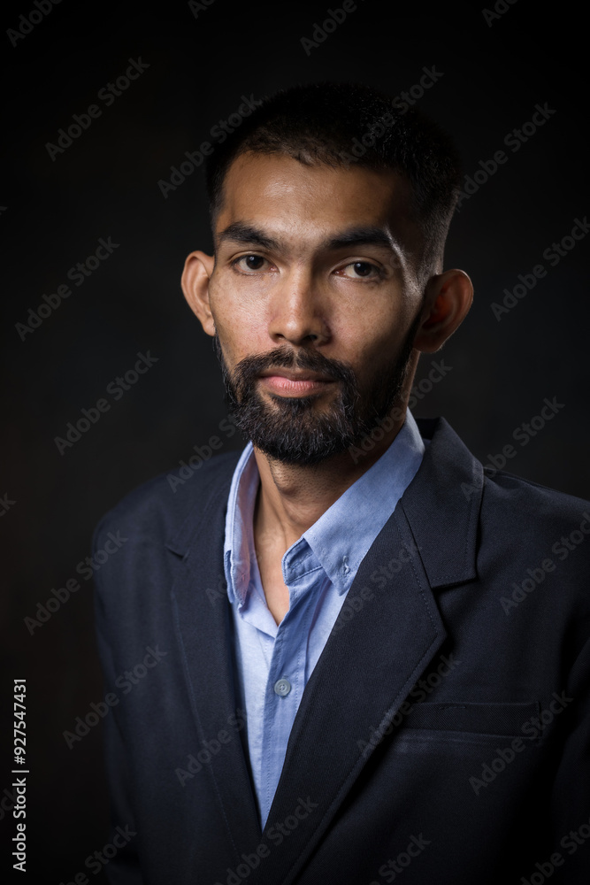 Portrait of bearded handsome man in black suit in a pensive mood and looking at camera. Portrait of bearded handsome man in black suit in a pensive mood and looking at camera.