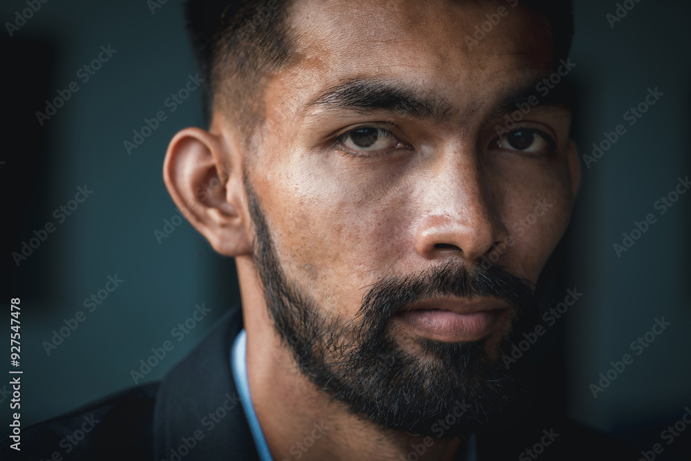 Obraz premium Close-up of young man's face with a beard and mustache in a black studio, background and looking at camera