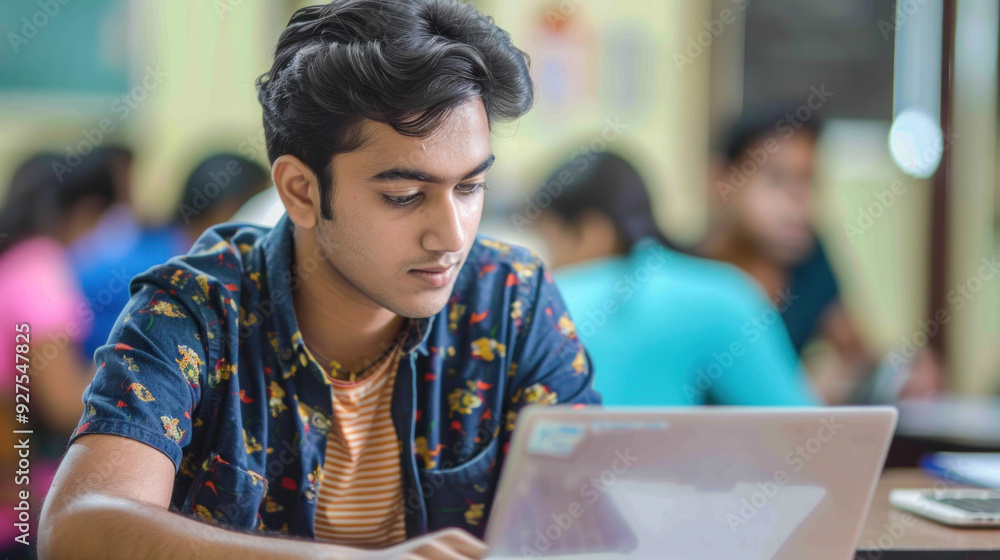 An Indian college student working on a laptop in a classroom An Indian college student working on a laptop in a classroom