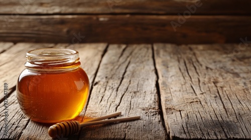 Honey jar and stick on wood