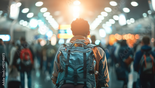 Wallpaper Mural A man with a backpack is standing in a crowded airport. The man is wearing a blue scarf and a black jacket. The airport is busy with people walking around and waiting in line Torontodigital.ca