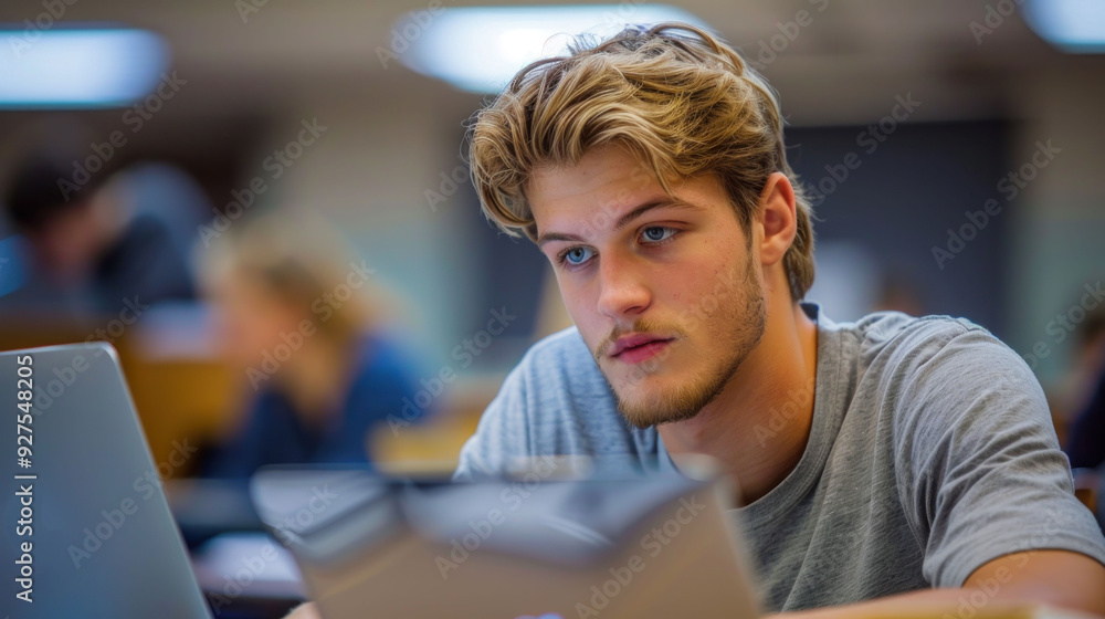 A male college student working on a laptop in a classroom A male college student working on a laptop in a classroom