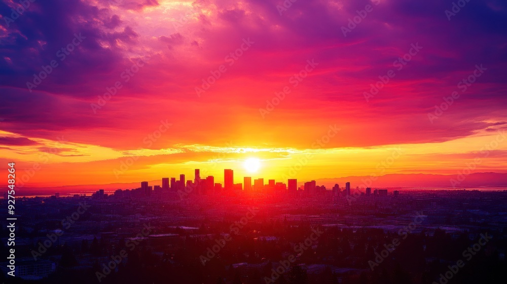 Fiery Sunset Over City Skyline Fiery Sunset Over City Skyline