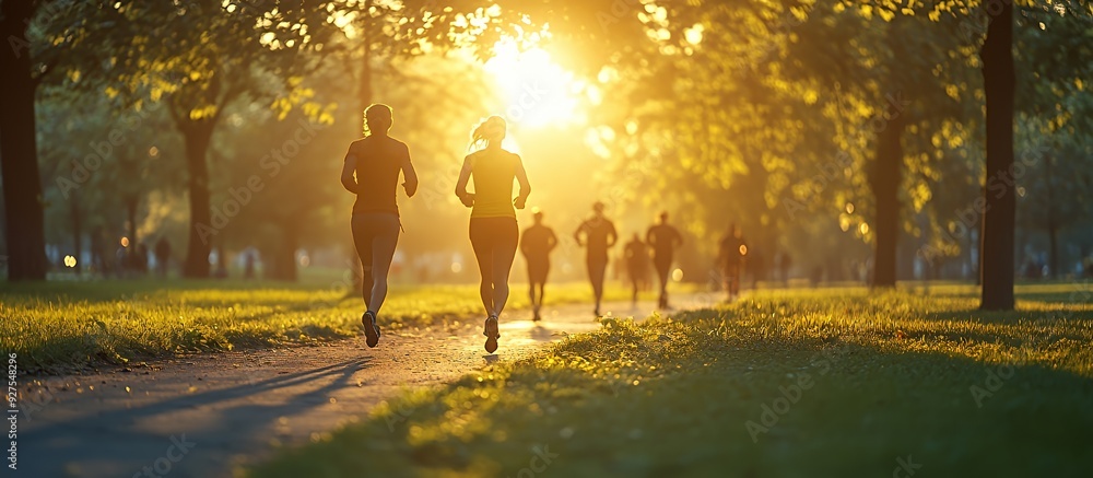 Two women running through a park at sunset, with a group of people behind them. Two women running through a park at sunset, with a group of people behind them.