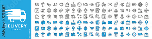 Delivery icon set. Shipping or shipment. Containing cargo, package, tracking, box, service, order, container, courier, transportation, logistic, warehouse, truck, fragile, express, postal, online