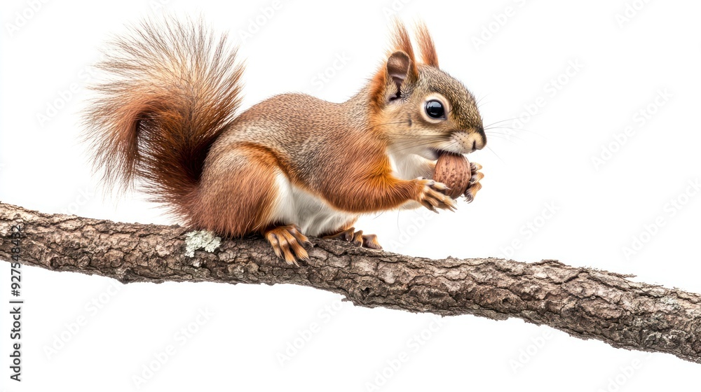 Obraz premium Red Squirrel Enjoying a Nut on a Branch