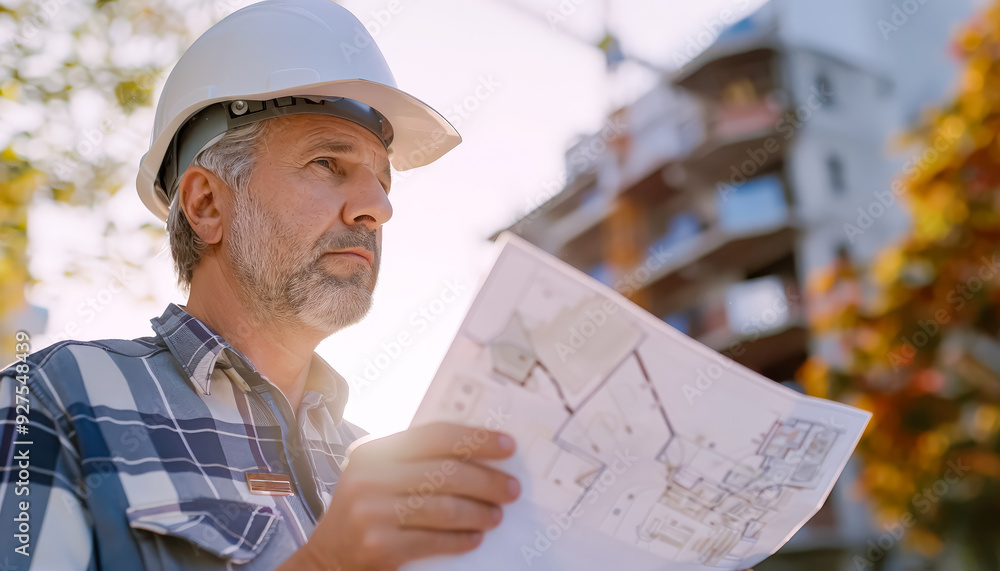 A man wearing a hard hat and safety glasses is looking at a blueprint. Concept of focus and determination as the man studies the plans A man wearing a hard hat and safety glasses is looking at a blueprint. Concept of focus and determination as the man studies the plans