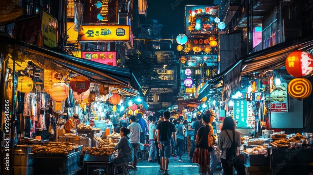 Naklejka premium Vibrant Night Market Scene with Cafes and Street Food Stalls - Stock Photo