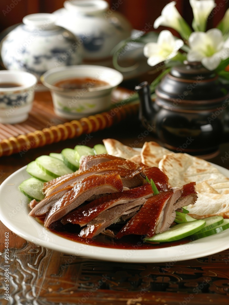 Succulent Chinese Peking Duck with Crispy Skin and Pancakes, Ready to Savor - Delicious Traditional Dish for Promotional Commercial Succulent Chinese Peking Duck with Crispy Skin and Pancakes, Ready to Savor - Delicious Traditional Dish for Promotional Commercial