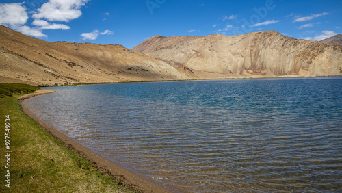 Grasslands at the banks of Yayatso, a high-altitude lake at Ladakh, India. A new biodiversity hotspot at an attitude of 4820 meters.   photo