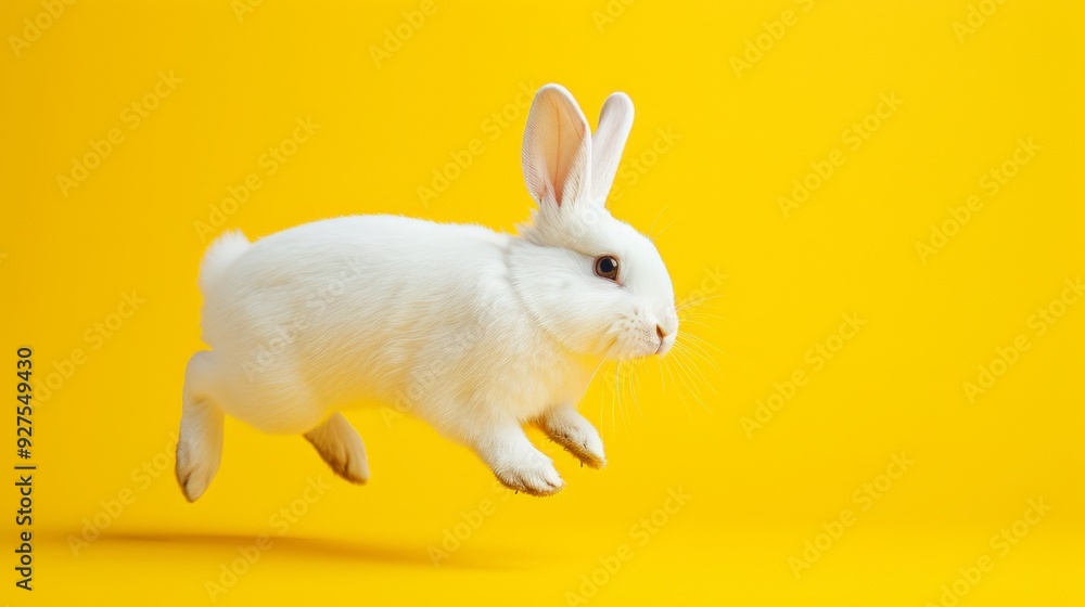 A white rabbit jumps against a bright yellow background. A white rabbit jumps against a bright yellow background.