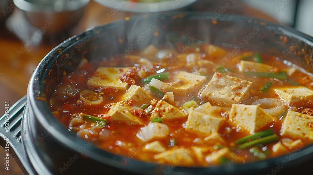 Delightful Korean Tofu Stew: Spicy and Aromatic Bowl with Soft Tofu and Fresh Vegetables for Authentic Korean Cuisine Experience Delightful Korean Tofu Stew: Spicy and Aromatic Bowl with Soft Tofu and Fresh Vegetables for Authentic Korean Cuisine Experience