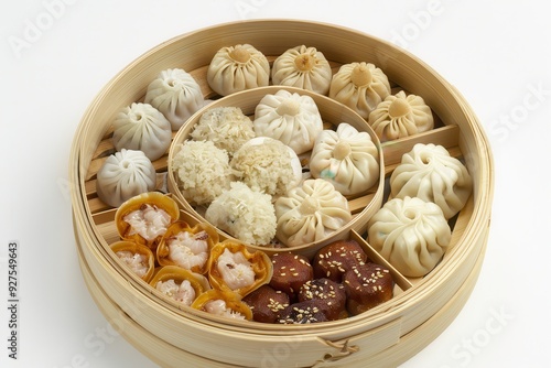 Authentic Chinese Dim Sum Platter in Bamboo Steamer, Delicious Dumplings, Buns, and Rolls for Chinese Cuisine Commercial