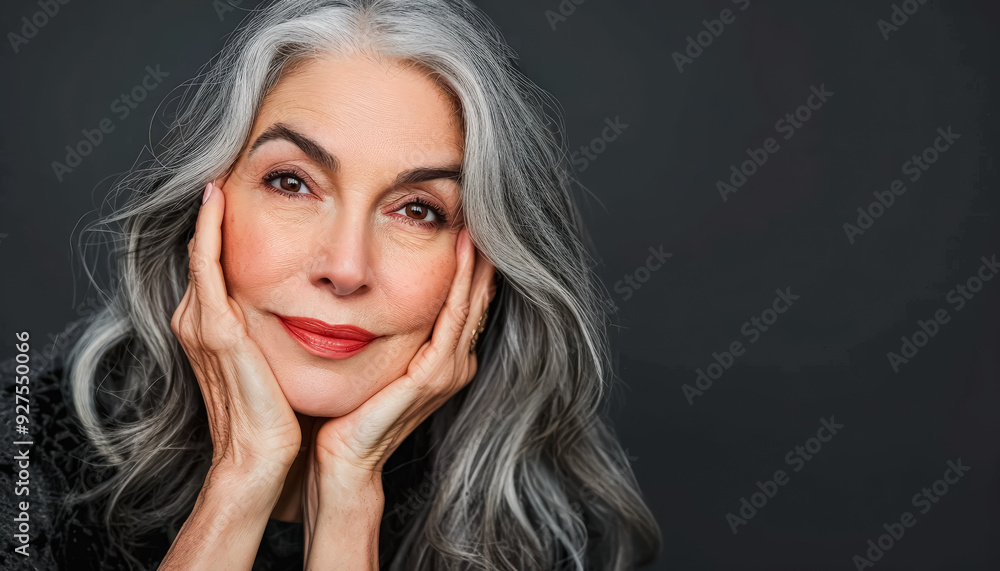 A woman with long gray hair is smiling and resting her chin on her hand. She is happy and content A woman with long gray hair is smiling and resting her chin on her hand. She is happy and content