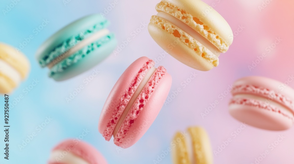 Colorful macarons cakes float in the air on a colorful pastel background Colorful macarons cakes float in the air on a colorful pastel background