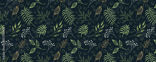 Pattern of Leaves, twigs and berries on a dark background. Vector organic background. Delicate plant seamless wallpaper. For fabric, textile, wrapping paper, bed linen.