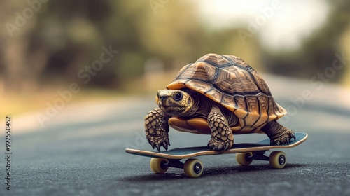 A tortoise on a skateboard, highlighting the idea of moving forward with strategy, despite a slower pace. photo