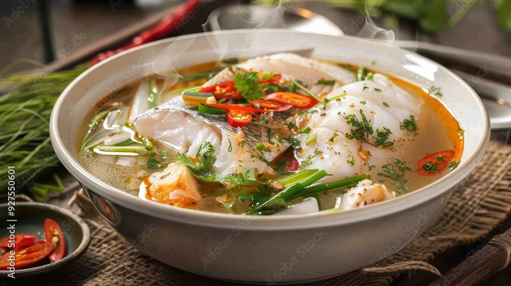 Traditional Vietnamese Canh Chua - Fish and Vegetable Soup with Tangy Broth | Authentic Vietnamese Cuisine Advertisement Concept Traditional Vietnamese Canh Chua - Fish and Vegetable Soup with Tangy Broth | Authentic Vietnamese Cuisine Advertisement Concept