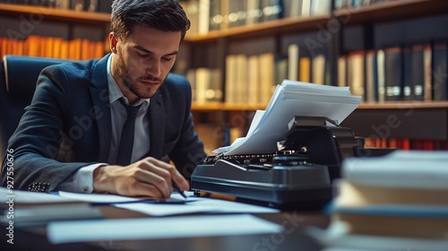 A professional court reporter typing on a stenotype machine with focused expression, surrounded by legal documents photo