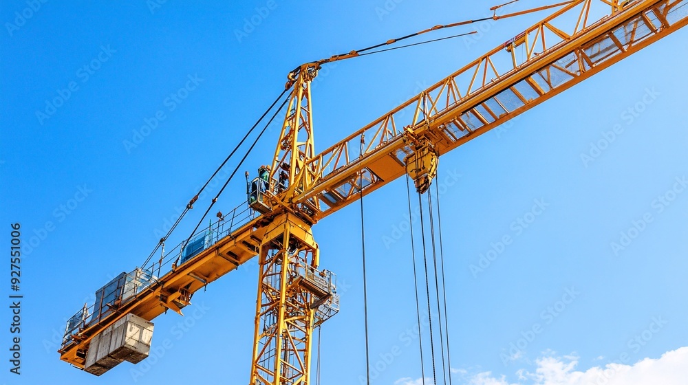 A crane operator skillfully maneuvering a large construction crane at a building site, with a clear blue sky in the background A crane operator skillfully maneuvering a large construction crane at a building site, with a clear blue sky in the background