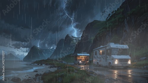 Two RVs parked on a wet road by a beach with mountains in the background as a storm brews overhead.