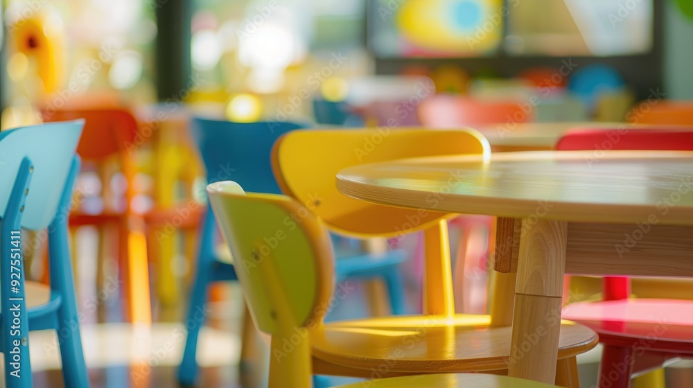 Close up of children's school chairs in the background of a blurry classroom with colorful tables and bookshelves Close up of children's school chairs in the background of a blurry classroom with colorful tables and bookshelves