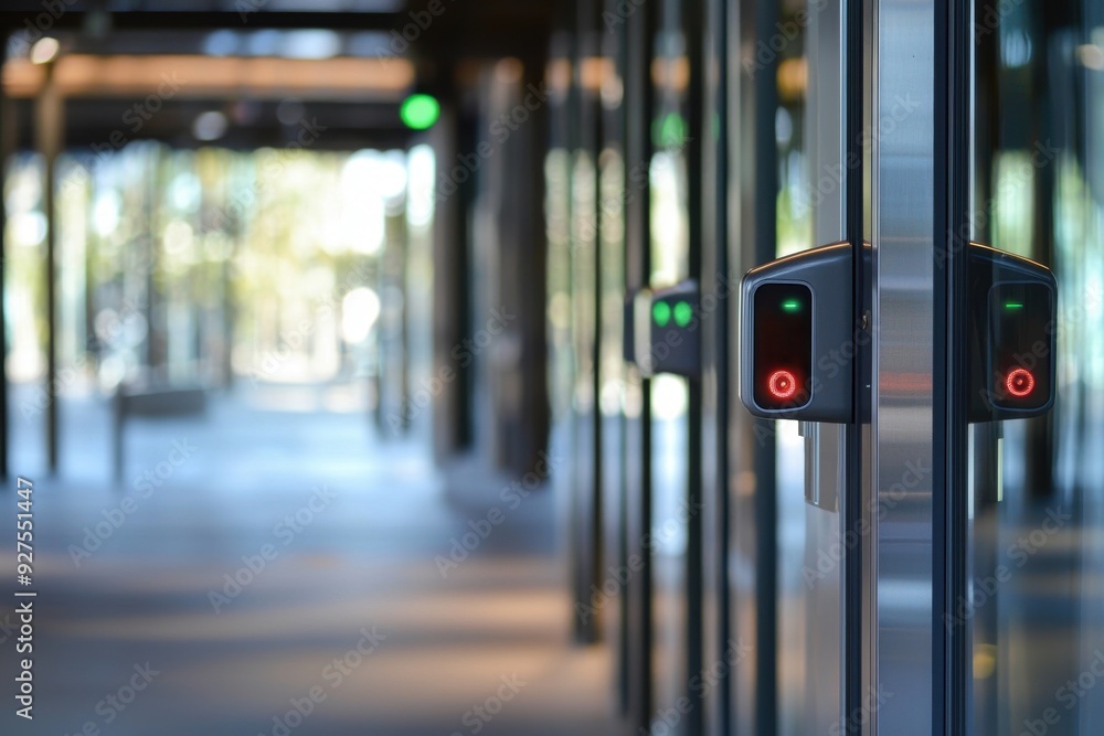 Modern entrance with glass doors and digital access control system, featuring green and red indicator lights for security. Modern entrance with glass doors and digital access control system, featuring green and red indicator lights for security.
