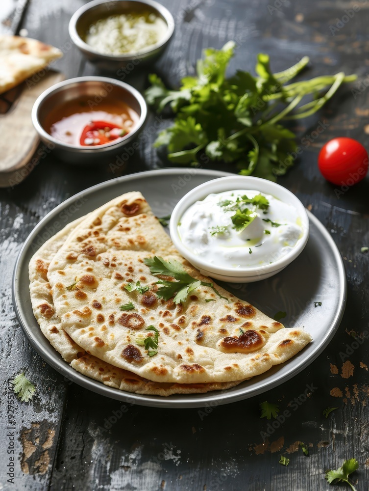 Delicious Indian Aloo Paratha with Yogurt and Pickle on a Plate - Appetizing Traditional Cuisine Advertisement Delicious Indian Aloo Paratha with Yogurt and Pickle on a Plate - Appetizing Traditional Cuisine Advertisement