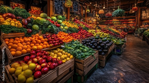 A vibrant indoor market hall filled with neatly organized fresh produce, displaying an extensive array of fruits and vegetables in perfect order.