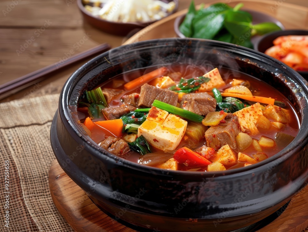 Authentic Korean Tofu Stew: Delicious Beef and Veggie Hot Pot with Spicy Broth, Asian Cuisine Photography for Restaurant Promotion Authentic Korean Tofu Stew: Delicious Beef and Veggie Hot Pot with Spicy Broth, Asian Cuisine Photography for Restaurant Promotion