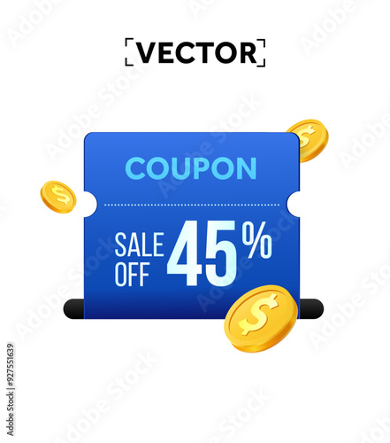 3d coupon with coupon code, golden coins, percentage off coming up from a slot, isolated on white background. Gift voucher banner template with special discount. 3d vector illustration. Vector