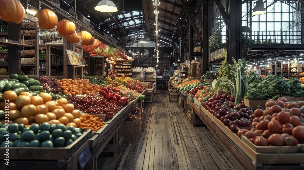 A well-lit indoor market hall, where a diverse array of fresh fruits and vegetables are neatly organized, offering a feast for the eyes. A well-lit indoor market hall, where a diverse array of fresh fruits and vegetables are neatly organized, offering a feast for the eyes.